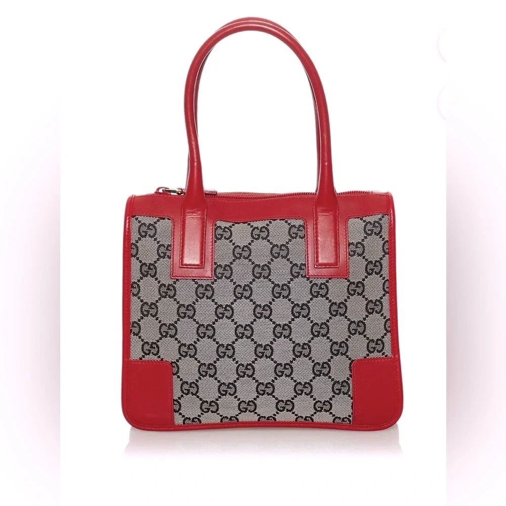6 HOUR SALE -GUCCI MONOGRAM CANVAS MINI BAG W Red LEATHER DUAL HANDLES - Picture 3 of 15
